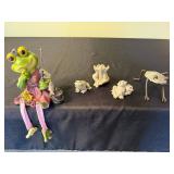 Frog Figurines - Large Green Frog with Fishing Rod, Small Stone Frogs, Metal Frog Sculpture