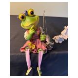 Frog Figurines - Large Green Frog with Fishing Rod, Small Stone Frogs, Metal Frog Sculpture