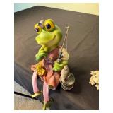 Frog Figurines - Large Green Frog with Fishing Rod, Small Stone Frogs, Metal Frog Sculpture