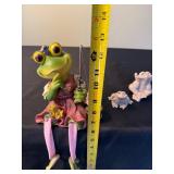 Frog Figurines - Large Green Frog with Fishing Rod, Small Stone Frogs, Metal Frog Sculpture