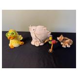 Assorted Animal Figurines: Rubber Duck w/ Goggles, White Bird, Flamingo w/ Parrot, Tiger Figurine Candle Holder