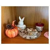 VTG Assorted Holiday Decor & Trinkets - Ceramic Owls, Shell Bowl, Pumpkin, Bunny