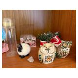 VTG Assorted Holiday Decor & Trinkets - Ceramic Owls, Shell Bowl, Pumpkin, Bunny