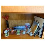 Bird Figurines & Beach Photo Display on Wood Shelf - Cardinals & Beatles Books