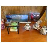 Bird Figurines & Beach Photo Display on Wood Shelf - Cardinals & Beatles Books