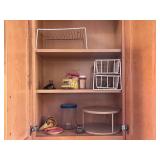 Kitchen Cabinet Contents - White Wire Racks, Jars, Spoons, Candles & Decor