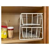 Kitchen Cabinet Contents - White Wire Racks, Jars, Spoons, Candles & Decor
