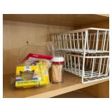 Kitchen Cabinet Contents - White Wire Racks, Jars, Spoons, Candles & Decor