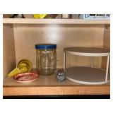 Kitchen Cabinet Contents - White Wire Racks, Jars, Spoons, Candles & Decor
