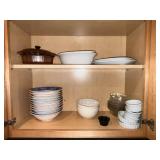 Ceramic Dinnerware Set - White Bowls, Patterned Rim Plates, Glass Bowls, Brown Covered Casserole