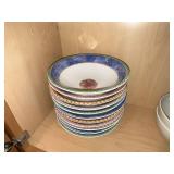 Ceramic Dinnerware Set - White Bowls, Patterned Rim Plates, Glass Bowls, Brown Covered Casserole