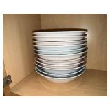 Ceramic Dinnerware Set - White Bowls, Patterned Rim Plates, Glass Bowls, Brown Covered Casserole