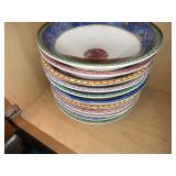 Ceramic Dinnerware Set - White Bowls, Patterned Rim Plates, Glass Bowls, Brown Covered Casserole