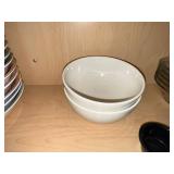 Ceramic Dinnerware Set - White Bowls, Patterned Rim Plates, Glass Bowls, Brown Covered Casserole