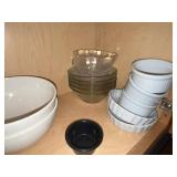 Ceramic Dinnerware Set - White Bowls, Patterned Rim Plates, Glass Bowls, Brown Covered Casserole