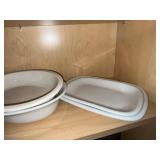 Ceramic Dinnerware Set - White Bowls, Patterned Rim Plates, Glass Bowls, Brown Covered Casserole