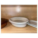 Ceramic Dinnerware Set - White Bowls, Patterned Rim Plates, Glass Bowls, Brown Covered Casserole