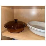 Ceramic Dinnerware Set - White Bowls, Patterned Rim Plates, Glass Bowls, Brown Covered Casserole