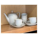 White Ceramic Teapot & Cups With Saucers