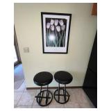 Black Metal Bar Stools (Lot of 2) & Framed Floral Print