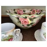 Medley Floral Rose Teacup Set with Large Rose Pattern Bowl - 2 Cups & Saucers, Made in China