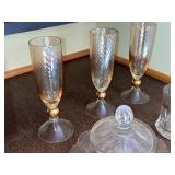 Crystal Glassware Set - 3 Twist-Pattern Champagne Flutes with Gold Accents, 1 Tumbler, 1 Butter Dish