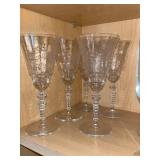 Crystal Wine Glasses with Etched Pattern and Beaded Stems