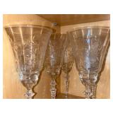 Crystal Wine Glasses with Etched Pattern and Beaded Stems