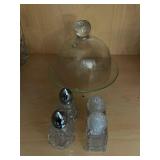 Glass Cloche Dome on Stand with 4 Crystal Salt & Pepper Shakers - Vintage Set