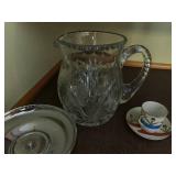 Crystal Glassware Set - Cut-Crystal Pitcher, Teacup & Saucer, Octagonal Plates, Lids