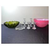 Crystal Glassware Set - Green Scalloped Bowl, Pink Swirl Bowl, Clear Candlesticks, Pyramid & Wedge
