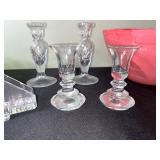 Crystal Glassware Set - Green Scalloped Bowl, Pink Swirl Bowl, Clear Candlesticks, Pyramid & Wedge