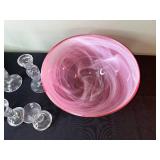 Crystal Glassware Set - Green Scalloped Bowl, Pink Swirl Bowl, Clear Candlesticks, Pyramid & Wedge