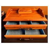 Wooden Jewelry Box - 3 Drawers - Blue Felt Interior - 16 x 8 in
