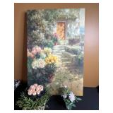 Garden Path Floral Canvas Painting - 36 in Tall & 2 Faux Flower Arrangements Included