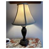 Vintage Marble-Top Bombe Dresser with Floral Inlay & Brass Pulls w Table Lamp, Framed Print & Clock