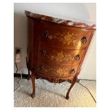 Vintage Marble-Top Bombe Dresser with Floral Inlay & Brass Pulls w Table Lamp, Framed Print & Clock