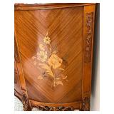 Vintage Marble-Top Bombe Dresser with Floral Inlay & Brass Pulls w Table Lamp, Framed Print & Clock
