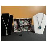 Assorted Jewelry Set: Nebula Resin Necklace w Matching Earrings, Silver Tone Tassel Pendant Necklace & Floral Box