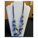 Boho Tiered Beaded Bib Necklace, Circular Yellow & Blue Crystal Pendant Necklace, Long Bead Necklace & Pink Flower