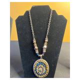 Boho Tiered Beaded Bib Necklace, Circular Yellow & Blue Crystal Pendant Necklace, Long Bead Necklace & Pink Flower