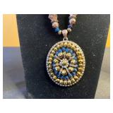 Boho Tiered Beaded Bib Necklace, Circular Yellow & Blue Crystal Pendant Necklace, Long Bead Necklace & Pink Flower