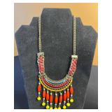 Boho Tiered Beaded Bib Necklace, Circular Yellow & Blue Crystal Pendant Necklace, Long Bead Necklace & Pink Flower