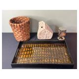 Decorative 4-Piece Home Decor Set: Woven Basket, Stone Sculpture, Deer Candle Holder, Tray