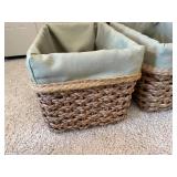 Wicker Storage Baskets With Green Liners And White Lidded Hampers (Lot Of 5)