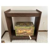 Dark Wood Display Cabinet with Two-Tier Open Storage - Includes Vintage Blue Rock Tea Tin