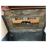 Dark Wood Display Cabinet with Two-Tier Open Storage - Includes Vintage Blue Rock Tea Tin