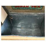 Dark Wood Display Cabinet with Two-Tier Open Storage - Includes Vintage Blue Rock Tea Tin