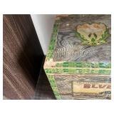 Dark Wood Display Cabinet with Two-Tier Open Storage - Includes Vintage Blue Rock Tea Tin