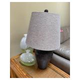 Table Lamp with Beige Shade & Green Murano Style Glass Pillow Vases - 3-Piece Decor Set